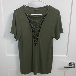 Express Forest Green Lace Short Sle…